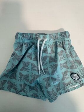 Kids Aqua Palm Print Swim Trunks with Drawstring